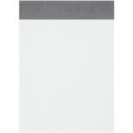 A plain white notepad with a gray top binding strip mirrors the minimalist design of MH-USA Expansion Poly Mailers, offering sleek blank pages against a pristine white background.