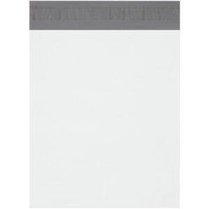 A plain white notepad with a gray top binding strip mirrors the minimalist design of MH-USA Expansion Poly Mailers, offering sleek blank pages against a pristine white background.