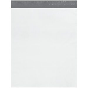The MH-USA 20 x 24 x 4 Expansion Poly Mailers come in a case of 100, featuring a plain white design with a gray adhesive strip at the top for a clean, unmarked appearance.