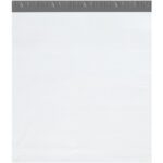 The MH-USA 26 x 28 x 5 Expansion Poly Mailers (100/Case) have a plain white design with a dark gray adhesive strip, ensuring secure packaging and shipping. Its smooth, unmarked surface highlights sleek practicality when laid flat.