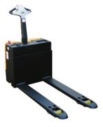 The Vestil Electric Pallet Truck 3.3K 20X47 Agm features a bold black and yellow look, long forks for efficient lifting, a control handle for easy maneuvering, and wheels visible at the fork tips.
