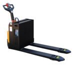 The Vestil Pallet Truck 4.5K-Platform Agm 20X48 features black and yellow components, including a handle with control buttons and levers. Two long forks elevate pallets efficiently, all displayed on a white background.