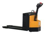 The Vestil Electric Pallet Truck 4.5K 20X48 (4)6V features a yellow and black design, intuitive handlebar controls, and sturdy metal forks. This compact industrial machine is perfect for warehouse or material handling tasks.