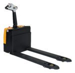 The Vestil Pallet Jack 25X47 Economy 3000 Capacity, with a sleek black and yellow design, features long forks and a maneuverable handle for efficient material handling against a white backdrop.