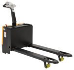 The Vestil Electric Pallet Truck 3.3K 25X48 (2)12V features a long black handle, intuitive control panel, two parallel forks for easy pallet lifting, and small yellow wheels for efficient operation powered by dual 12V batteries.