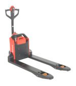 The Vestil Pallet Truck 27X45 3300# showcases a bold red and black design with a steering handle and long forks for efficient pallet lifting, proudly featuring the EDGE brand on its side for both style and functionality.