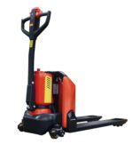 The Vestil Fully Pwred Pallet Trk with 27X45 forks is a red and black electric pallet truck designed for lifting and transporting pallets, featuring a vertical handle, wheels, and a stable base for maneuvering heavy loads in warehouses or storage facilities.