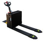The Vestil Pallet Truck 4.5K-Platform Agm 27X48 features a sleek black body with extended forks, red control buttons on the handle, and yellow accents on the fork tips, ideal for efficient pallet lifting and transportation.