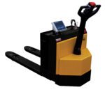 The Vestil Pallet Truck 4.5K-Scale/Platform (4)6 V features a stylish yellow and black design with a digital display on the control panel, an upright handle, and front-extending forks for efficient pallet lifting and transport.