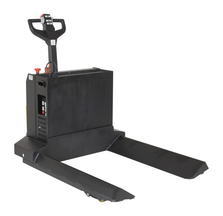 EPT-4048-45-RL_A.jpg The Vestil Electric Powered 40X48 Roll Pallet Truck 4500# features a sleek black design and long forks, ideal for lifting and moving pallets efficiently. Its user-friendly control handle makes it perfect for industrial or warehouse use.