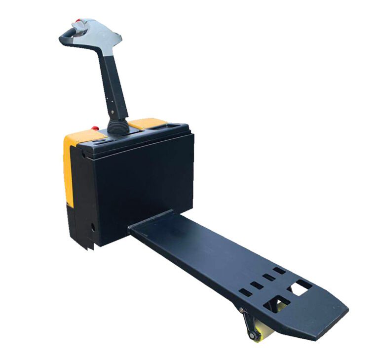 The Vestil Electric Pallet Truck W/Single Fk 2600# Capacity features a long flat fork for lifting pallets, a distinctive black and yellow design, an upright handle with control buttons, and a red emergency stop button against a white background.