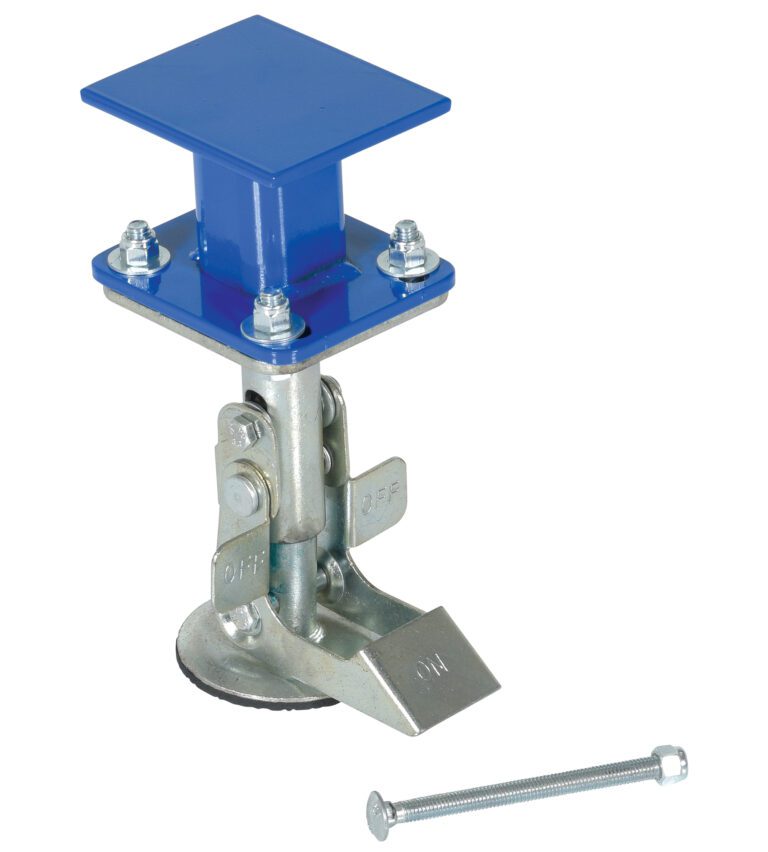 The Vestil Floor Lock for Ergo Handle Cart resembles a blue jack with a square plate secured by bolts, complemented by a silver metal mechanism with an adjustable foot and a long silver bolt, all set against a pristine white background.