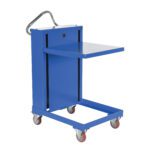 A blue equipment cart with a raised platform, metal handle, and four red and gray swivel casters offers mobility. Like the Vestil Self-Elevating Spring Table 460Lb 20X20, its an ideal utility solution for industrial use due to its sturdy design.