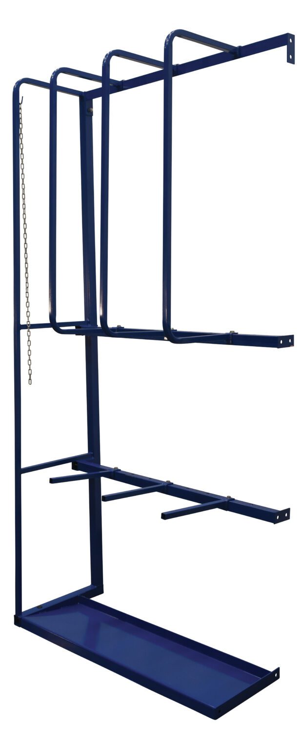 EVR-106-EXT_A.jpg The Vestil Expand Vertical Bar Rack Ext 106 In H is a blue metal storage rack with multiple horizontal bars and a side chain, featuring three levels for organization. Its minimalist open design is perfect for industrial or commercial use, showcasing sturdy construction.