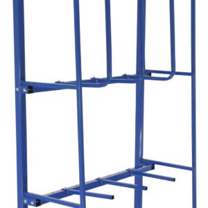 The Vestil Expand Vertical Bar Rack Start 106 In H is a blue metal storage unit with vertical compartments and a chain, ideal for pipes or rods. It includes a lower shelf for added support. This freestanding rack offers an industrial style for organized storage.
