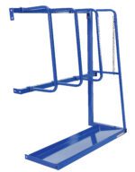 The blue Vestil Expand Vertical Bar Rack Ext 59 In H is a metal storage solution for cylinders with a sturdy frame, supporting bars, and a secure chain on one side. Its solid rectangular base ensures stability, making it perfect for organized, safe storage.