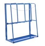 The Vestil Expand Vertical Bar Rack Start 59 In H is a sleek blue metal storage unit featuring four vertical bars, a secure chain, and a rectangular base, designed to efficiently hold large cylindrical objects such as gas cylinders.