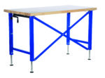 The Vestil Manual Adjust Ergo Work Bench 60 X 30 In features a wooden top and bright blue metal legs with cross-brace supports and adjustable leveling feet, making it sturdy and functional for workshops or garages.
