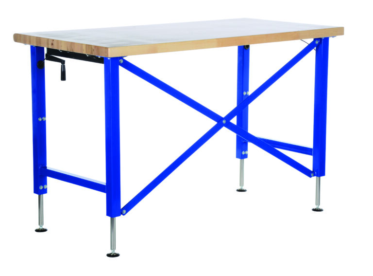 The Vestil Manual Adjust Ergo Work Bench 60 X 30 In features a wooden top and bright blue metal legs with cross-brace supports and adjustable leveling feet, making it sturdy and functional for workshops or garages.