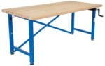 The Vestil Manual Adjust Ergo Work Bench 72 x 36 inches boasts a wooden top and blue metal legs, featuring a manual crank handle for height adjustment. It contrasts strikingly against the plain white background.