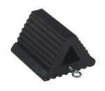 The Vestil Extruded Rubber Wheel Chock 8.5 X 8.5 X 6 features a durable black triangular design with a ridged surface for stability, and includes a hollow center with a silver metal loop for practicality.