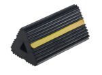 The black Vestil Extruded Rubber Wheel Chock 6.5X12X5.75 features a triangular shape, ridged surface, and central yellow stripe for enhanced stability and visibility.