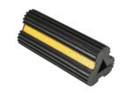 The Vestil Extruded Rubber Wheel Chock 4.5X10X3.75 features a black cylindrical design with a textured surface and a bold yellow strip along its length. Its triangular cross-section offers secure vehicle stabilization.