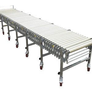 The Vestil Expandable Conveyor Roller consists of interconnected metal rollers on extendable, wheeled legs, allowing length and direction adjustments for easy goods movement.