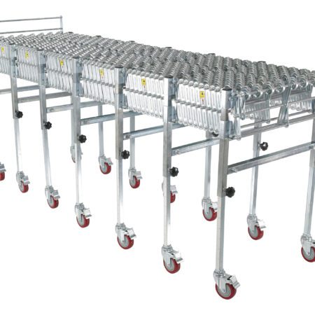 The Vestil Expandable Conveyor Skate, with its distinctive red-wheeled casters and zigzag roller design, is ideal for warehouses or shipping facilities. Its metallic structure effortlessly stretches and contracts for efficient item movement.