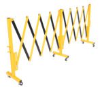 The Vestil Steel Expand-A-Gate 192 Max Width, featuring a yellow and black scissor design on wheels, extends to 192. Its accordion mechanism is perfect for crowd control or access restriction, providing durability and flexibility.