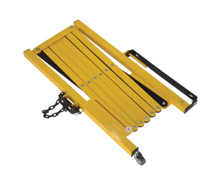 EXGATE-30-W_A.jpg The yellow folding wheelchair ramp, akin to the Vestil Steel Expand-A-Gate Wall/Rack Mount, includes a black handle and small wheel. Interconnected panels secured with screws and a sturdy metal chain on one end provide reliable support.