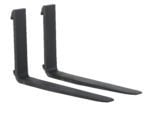 Two Vestil Forged Steel Forks, 3K Capacity, 36 inches long and black steel, lie parallel on a white background. They are L-shaped with horizontal sections for lifting pallets and vertical parts for securing to a forklift mast.