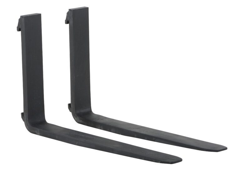 Two black metal forklift tines, resembling the Vestil Forged Steel Forks 4K Capacity 48 In L, sit side by side against a white background. They feature a 90-degree angle at one end for efficient lifting and transporting of materials.