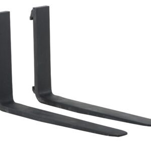 Two black metal forklift tines, resembling the Vestil Forged Steel Forks 4K Capacity 48 In L, sit side by side against a white background. They feature a 90-degree angle at one end for efficient lifting and transporting of materials.