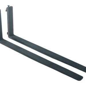 Two Vestil Forged Steel Forks with Carriage Pins 5K 36In are positioned parallel on a white background, featuring a long, flat design with attachment hooks at one end.