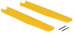 Two parallel long, flat, yellow forks on a white background resemble the Vestil Fork Blade Protectors Polyethylene 4X36. Nearby, two black bolts and two small pins are ready for installation or attachment. These protectors measure 4x36 inches and are made from durable polyethylene.