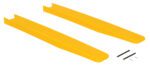 Displayed on a white background are two yellow, elongated plastic ramps resembling the Vestil Fork Blade Protectors Polyethylene 4X42. Below them are two long black rods and two smaller metal pins likely for assembly or attachment.