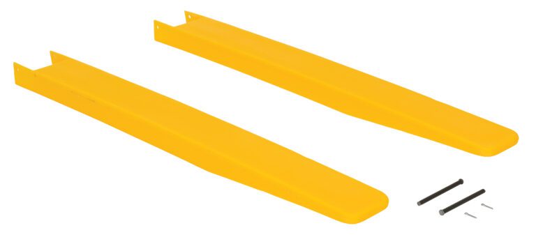 Displayed on a white background are two yellow, elongated plastic ramps resembling the Vestil Fork Blade Protectors Polyethylene 4X42. Below them are two long black rods and two smaller metal pins likely for assembly or attachment.