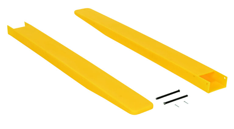 Two Vestil Fork Blade Protectors, 4X48 inches, made from durable yellow polyethylene, lie parallel on a plain white background. They are long, rectangular with open ends and come with four bolts for attachment.