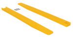 Two Vestil Fork Blade Protectors, 4X60 in size, are placed side by side; two small metal pins are positioned above to secure them. These long, rectangular polyethylene extensions fit standard forklift forks.