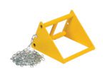 The Vestil Fabricated Steel Wheel Chock 10 In is a yellow triangular design with two horizontal bars and a coiled metal chain, crafted to prevent vehicle movement.