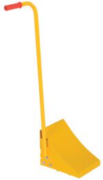 The Vestil Fabricated Ergo-Handled Wheel Chock 11, in bright yellow with a red handle, features a robust wedge design and extended handle for easy maneuverability, making it ideal for securing stationary vehicles.