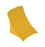 The Vestil Welded Steel Wheel Chock, 9.5 long in yellow, has a diamond-textured design on a white background and its curved shape effectively prevents vehicle movement.