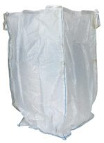 The Vestil Fabric Hopper 3.3K (78 Cu Ft, 36 X 36 X 63) is a large white woven polypropylene bulk bag featuring blue-stitched seams, four corner lifting loops, and a flat reinforced bottom. Its shown upright and slightly crumpled.