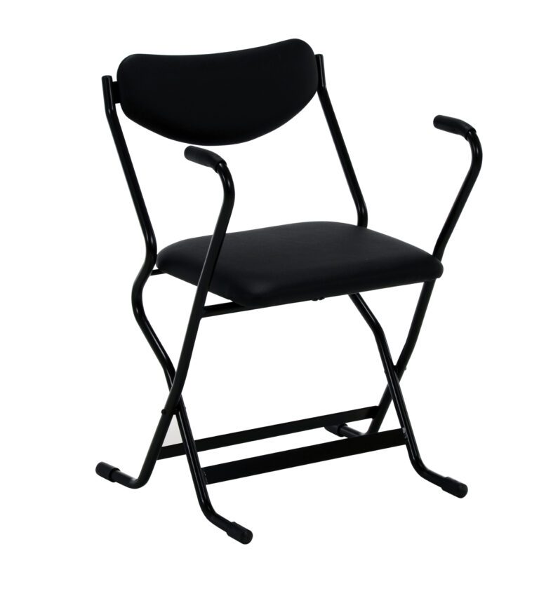 The Vestil Folding Arm Chair features a black metal frame, cushioned seat and backrest, with elegantly curved armrests. Its minimalist design adds versatile style, contrasting beautifully against the white background.