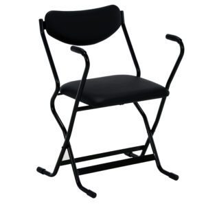 The Vestil Folding Arm Chair features a black metal frame, cushioned seat and backrest, with elegantly curved armrests. Its minimalist design adds versatile style, contrasting beautifully against the white background.