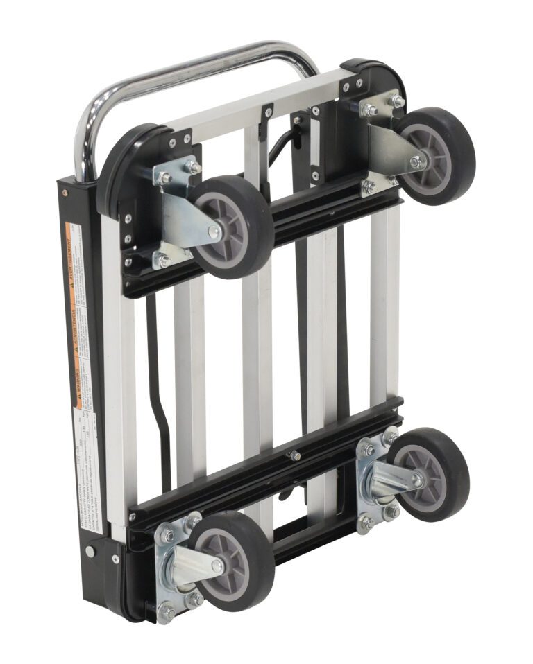 FAPT-1628_A.jpg The Vestil Fold-Up Aluminum Platform Truck 28X16X9 features a foldable metal frame, four wheels (two large), and a retractable handle for easy storage. Its sleek black and silver design ensures efficient transport and storage.
