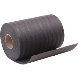 The MH-USA 1/8” x 48” x 550’ perforated recycled black air foam roll, partially unrolled, reveals a smooth yet ridged surface ideal for durable and flexible flooring or protective uses.