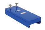 The Vestil Forklift Beam Mover, a blue rectangular metal device with a flat top, has two adjustable screw handles and can handle up to a 7 1/2-inch flange with a 500 lb capacity; it features labels and a partially open base.