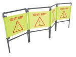The Vestil Folding Fabric Barrier, 35 tall with 4 bright yellow panels, features SAFETY FIRST in red and a cautionary triangle symbol. It stands securely on black frames to ensure safety in any environment.